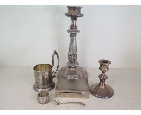 A continental silver cigarette case, napkin ring, English hallmarked spoon, plated tankard and two candlesticks