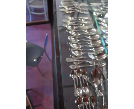 A set of .800 silver plated flatware, twelve dessert spoons, eleven teaspoons, large spoon and fork, soup ladle, ten forks an