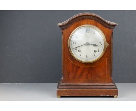 Edwardian Mahogany Inlaid Mantle Clock, the silvered face with Arabic Numerals and marked ' Bristol Goldsmith Alliance ' 32cm