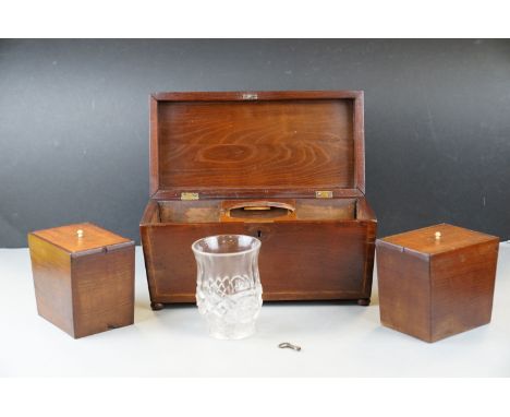 Victorian mahogany tea caddy with twin compartments, glass bowl and key 