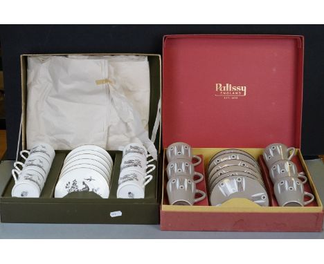 A boxed Royal Worcester bone china coffee set with bird decoration together with a Palissy china coffee set. 