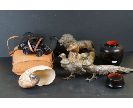 A group of sundries to include a Zenith Binoculars pair of metal pheasants,stone duck ,shell etc. 