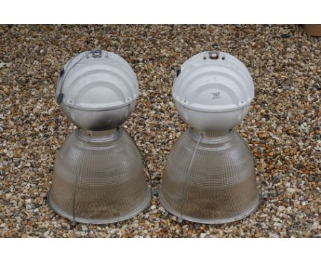 Pair of Holophane industrial light fittings, with substantial glass shades, height approx. 60cm, diameter approx. 40cm 