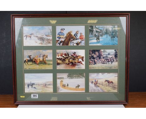 Framed and glazed horse racing print, a montage of famous horse racing pictures 