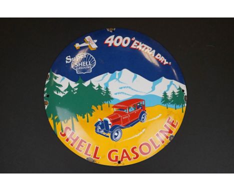 Circular Enamel Advertising Sign ' Shell Gasoline, 400 ' Extra Dry ', 30cms diameter 