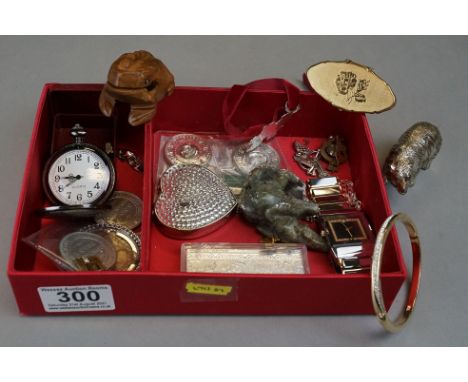 Mixed collectables, to include silver cufflinks, pocket watch, gent's tungsten ceramic watch, Chinese ingot, bangle etc 