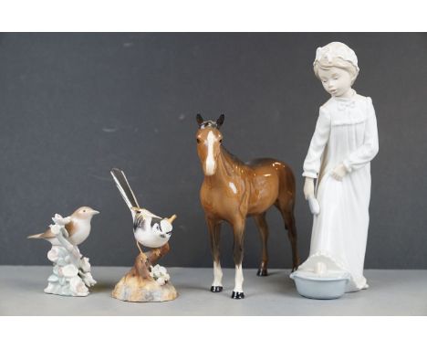 Derby Long tailed Tit, Lladro Bird, Beswick Horse first Version and a Nao Figure of a girl. 