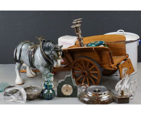 A box of mixed collectables to include a large ceramic horse with wooden cart, glass paperweight and mdina glass vase. 