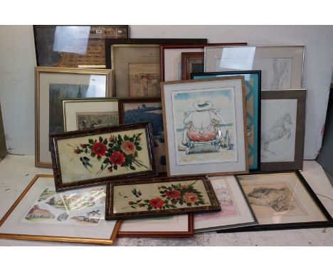 A quantity of watercolour and prints to include Hop Tea John Bull coloured print townscapes. landscapes etc. 