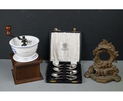 Cased set of Elkington &amp; Co sugar spoons, together with  a 19th century Rococo style pocket watch stand &amp; a Whittard 