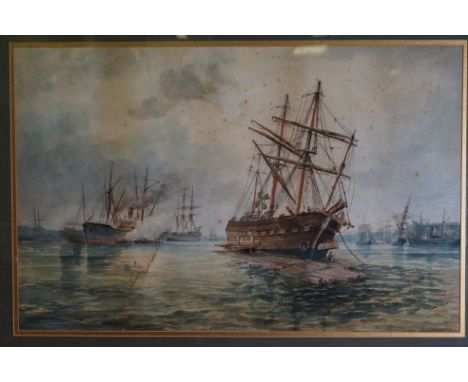 Large watercolour, a seascape of a 19th century tall ship with 20th century ships to background 