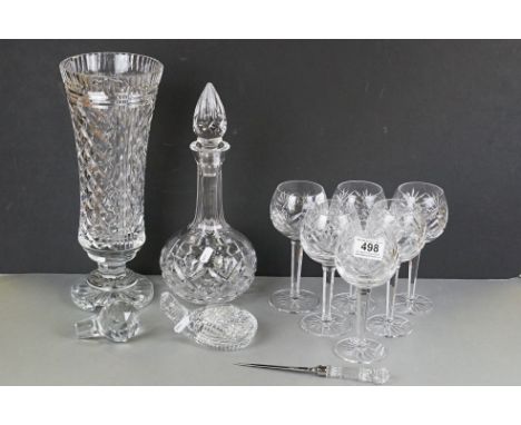 A group of Irish Cut glass to include Waterford Vase, 35cms high, Waterford Decanter plus spare Stopper, Waterford Paper Knif
