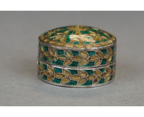 Silver Circular Pill Box with foliate pattern enamel decoration 