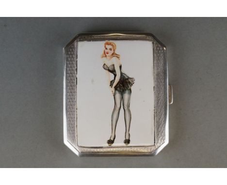 Silver case with pictorial enamel image of a lady adjusting her stocking 