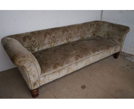 Victorian style Chesterfield Long Sofa, upholstered in sage green fabric, raised on bulbous turned legs, 204cms long x 78cms 