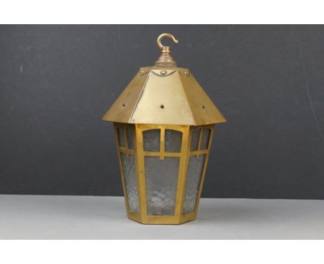 Arts and Crafts style Brass Porch Lantern with Glass Panels, 30cms high 