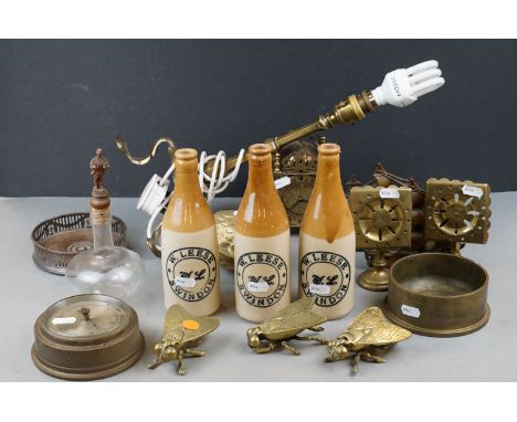 A box of mixed collectables to include Swindon ginger beer bottles, barometer, clock and brassware. 