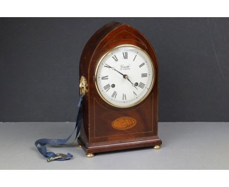 Comitti of London Edwardian style Arched Mahogany Inlaid Cased Mantle Clock, 8 day movement, with key, 27cms high 