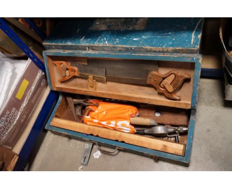 Two wooden tool boxes containing a quantity of vintage tools 