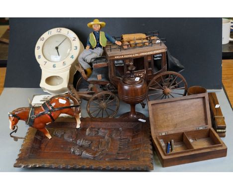 A box of mixed collectables to include a Smiths wall clock, a wooden Wells Fargo US Mail model carriage and a wooden wall pla