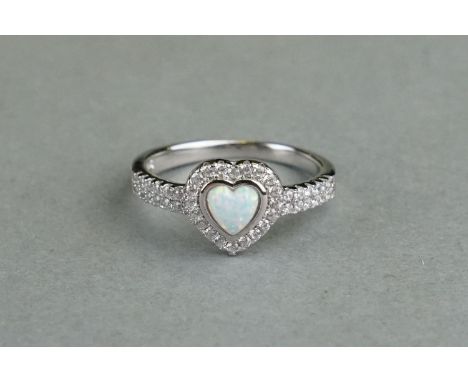 Silver, CZ and opal panelled, heart shaped ring