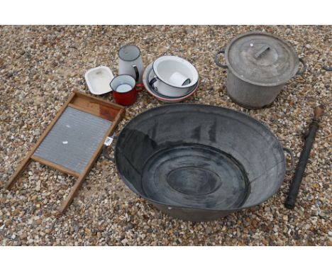 Galvanised Bath, Galvanised Lidded Wash Tub together with a group of enamel bowls and jugs, washboard and a Brass Sprayer 