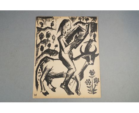 Russian School, an early 20th century lithograph portrait of a male figure with book, having pen &amp; ink text verso 