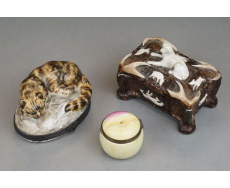 Two enamel trinket / pill boxes to include one in the form of a cat together with a ceramic example decorated with a dog. 