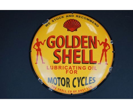Circular Enamel Advertising Sign ' Golden Shell lubricating oil for Motor Cycles ', 30cms diameter 