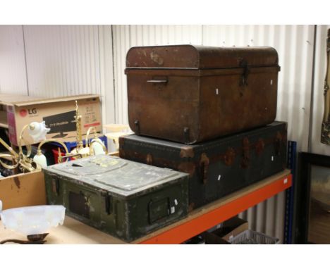 Domed Top Tin Trunk, Ammunition Box and a Travelling Trunk 