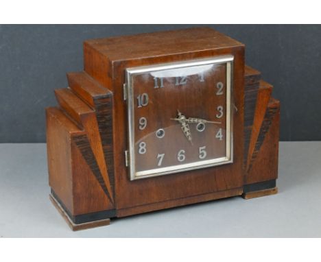 Art Deco Mantle Clock in an Stepped Oak Geometric Case (with key), 23cms high 