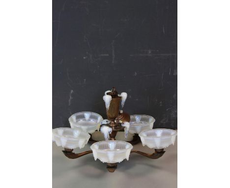 Art Deco Copper effect Five Branch Ceiling Light with four moulded opaque glass shades, approx. 65cms diameter