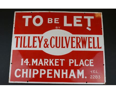 Local Chippenham Interest  - Enamel Sign ' To be Let by Tilley &amp; Culverwell, 14 Market Place, Chippenham ', 51cms x 40cms