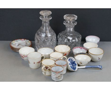 Two glass decanters, a 19th century transfer printed pottery soup ladle &amp; some Japanese porcelain 