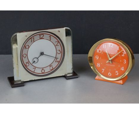 Art Deco ' Ferranti ' Glass and Bakelite Electric Mantle Clock, 15cms high together with a Westclox Orange ' Big Ben ' Alarm 