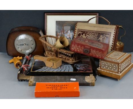 A box of mixed collectables to include a wooden mantle clock, cigarette box, jewellery box and a framed and glazed print. 