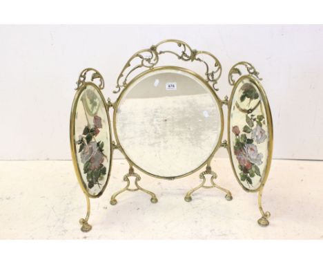 Victorian Brass Framed Triptych Oval Dressing Table Mirror, the side mirrors with painted floral decoration, 72cms high 