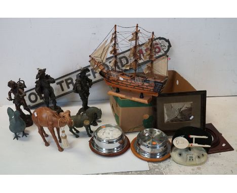 A large group of mixed collectables contained within two boxes to include a barometer, a clock, a wooden model ship and a woo