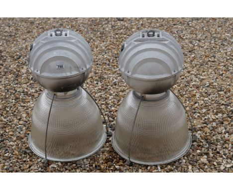 Pair of Holophane industrial light fittings, with substantial glass shades, height approx. 60cm, diameter approx. 40cm 