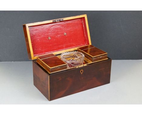 Victorian flame mahogany twin compartment tea caddy with glass bowls, width approx. 30cm 