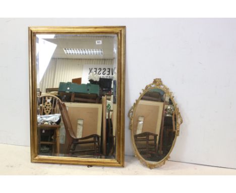 Large Gilt coloured Framed Rectangular Mirror and a Metal Framed Oval Mirror, largest 72cms x 103cms 
