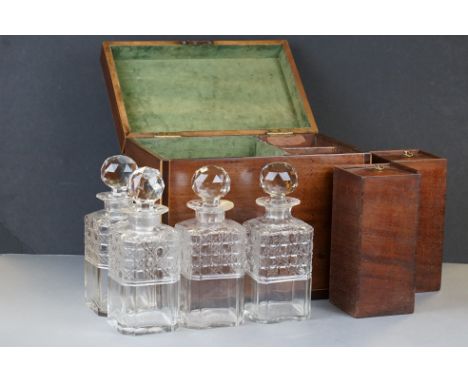 19th century mahogany decanter box containing four matching cut glass decanters (some repair to rim chips) &amp; two tear dro