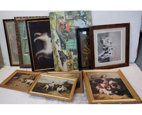 A quantity of Textured prints of dogs an oil painting of a Poodle, Contemporary oil painting of Lester Piggott on horseback, 