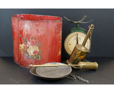 Mixed lot including Toleware Bin, Set of Salter no. 46 Scales, Brass rotary spit roaster, etc 