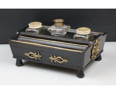 Victorian French style ebonized and brass mounted inkstand with single drawer, a pair of inkwells with bone and brass covers 