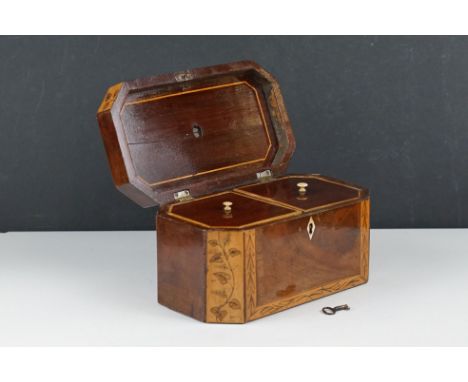 George III Mahogany and Satinwood Two Compartment Tea Caddy of rectangular canted form, the satinwood with etched foliate dec