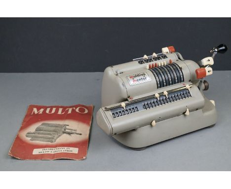 Muldivo Mentor manual calculator, model WSR160, no. 216050, appears to be jammed, with instruction booklet 