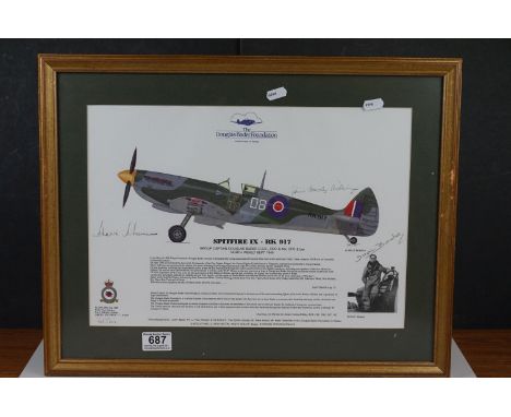 A framed and glazed Douglas Bader Foundation Spitfire print signed withj various signatures to include Douglas Bader 41 x 53 