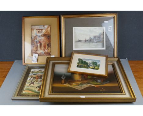 John Neale watercolour seascape, Robert Hughes limited edition print of Easton Royal canal scene, Eastern painting tiger hunt