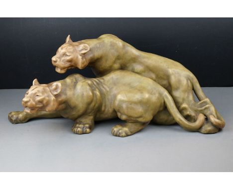Art Deco Ceramic Model of Two Lioness, 55cms long 